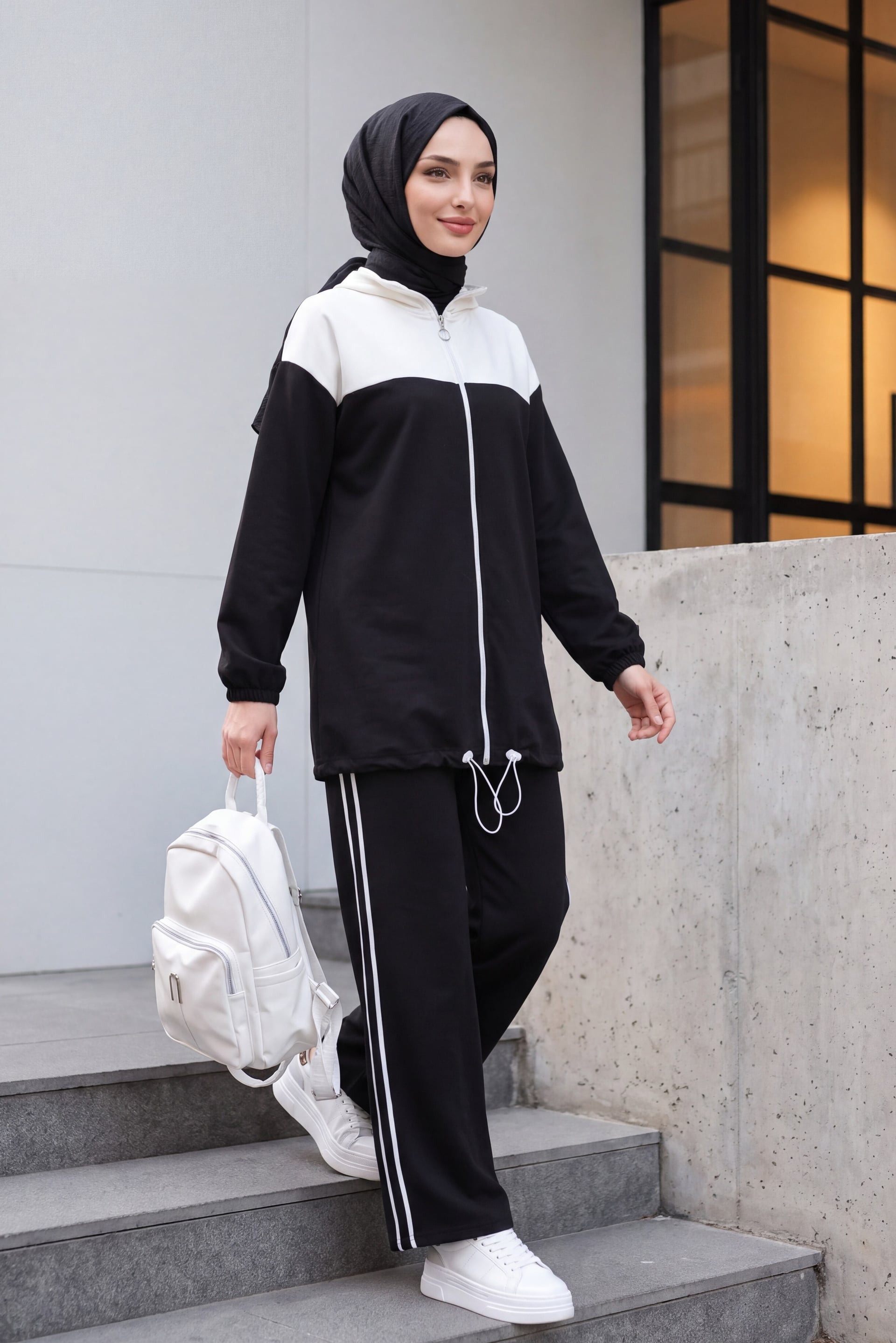 Zip-Front Hooded Tracksuit Set with Striped Trousers - Black - Podyumplus - by Peralane