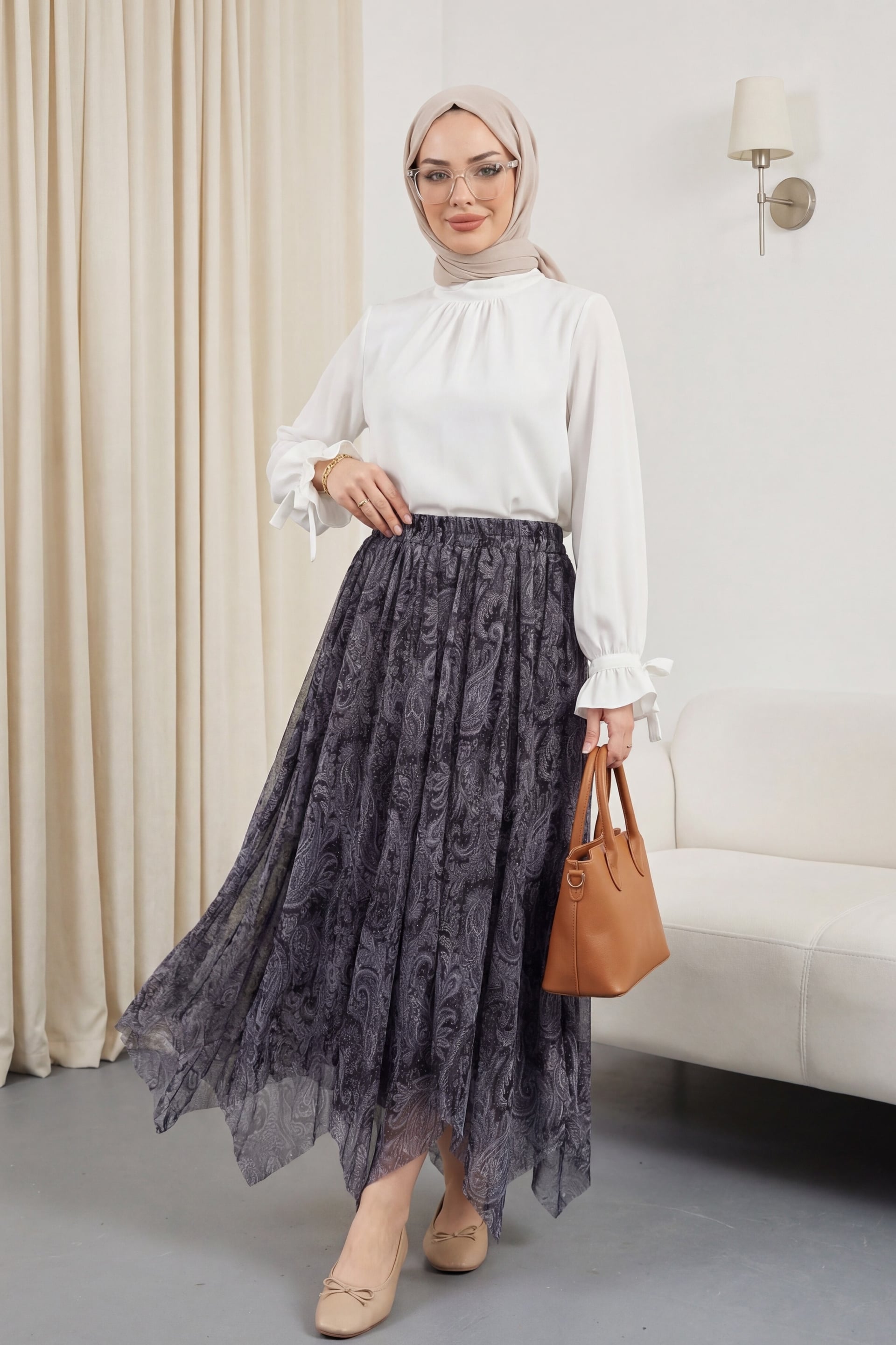 Elasticated Waist Patterned Lined Chiffon Skirt - Grey - Podyumplus - by Peralane - photo 2
