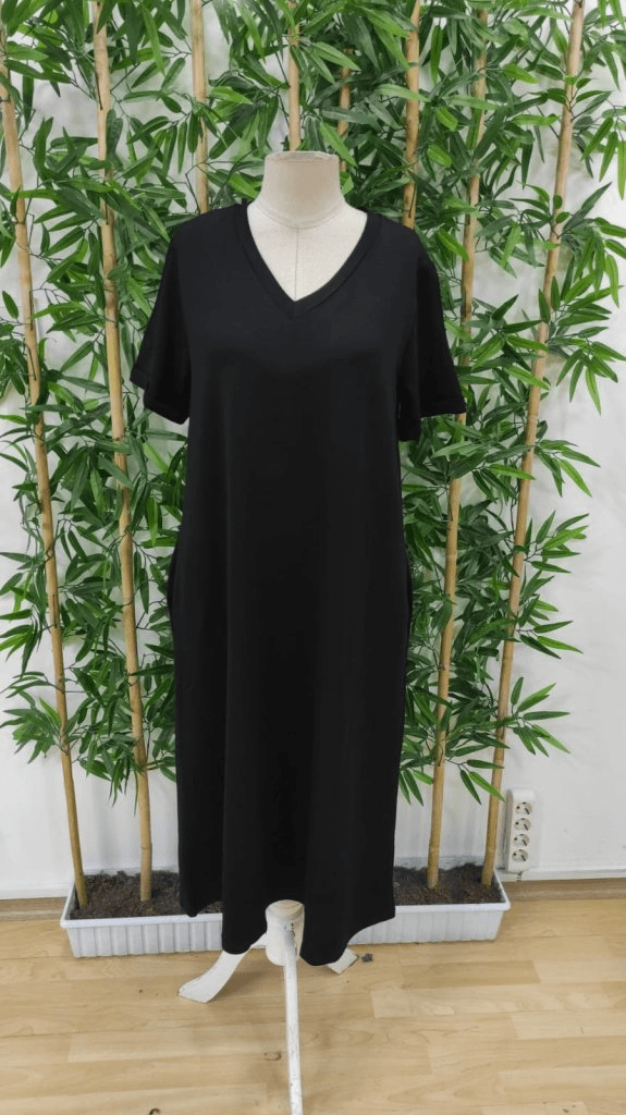 Women's Black Short-Sleeve V-Neck Mid-Maxi Jersey Dress with Pockets - Janes - by Peralane - photo 5