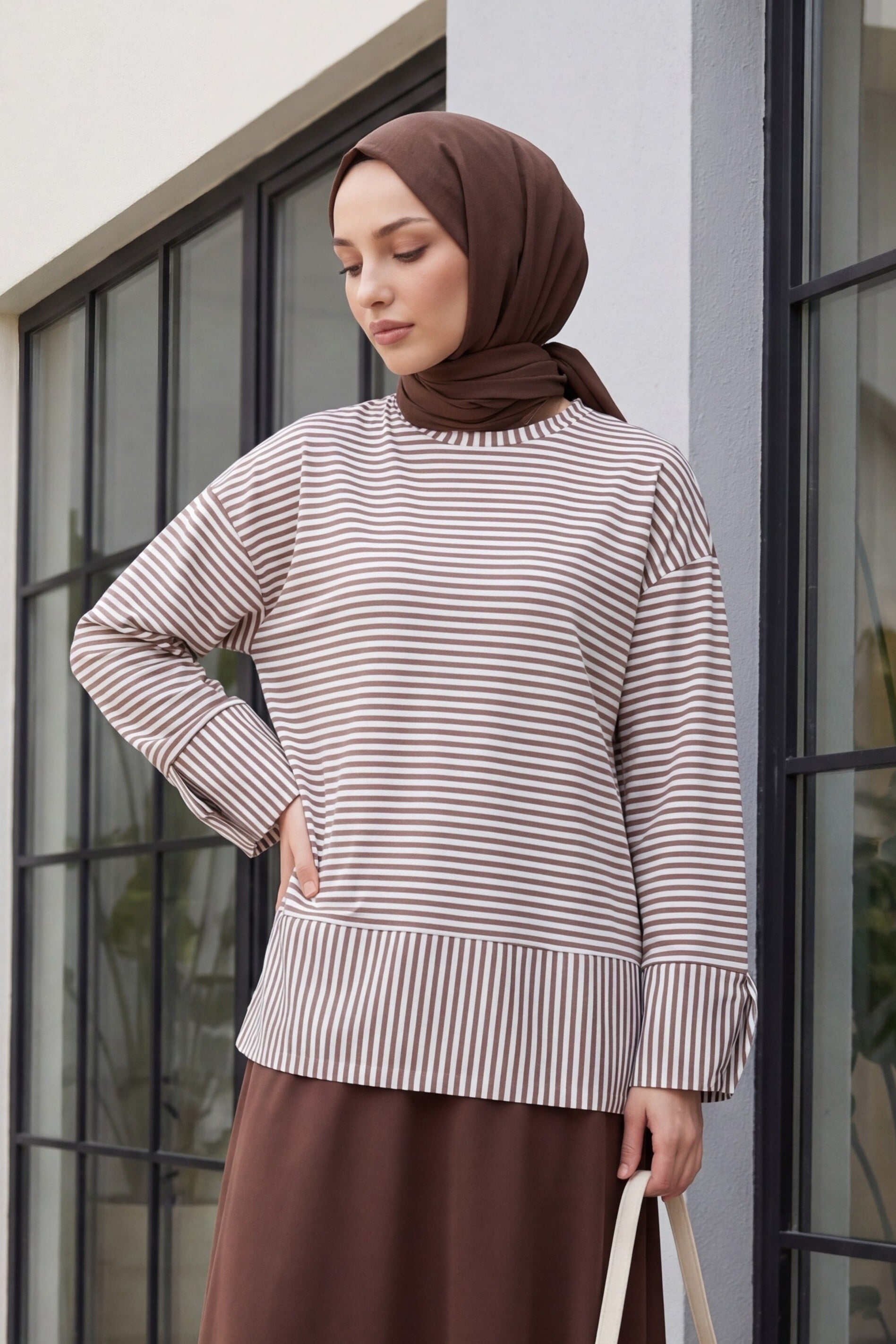 Boat Neck Slit Striped Viscose Sweatshirt - Light Brown - Podyumplus - by Peralane
