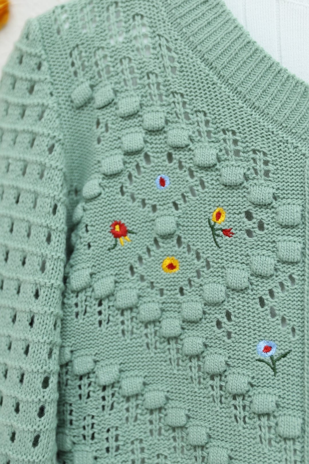 Floral Embroidered Pompon Openwork Knit Cardigan - Sea Green - Podyumplus - by Peralane - photo 3