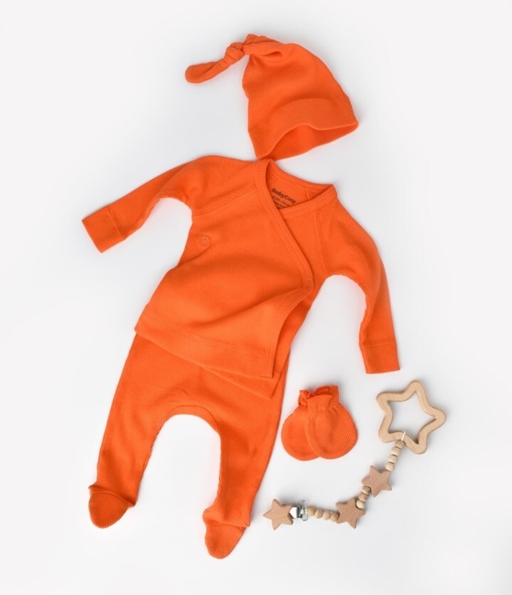Baby Knit 3-Piece Set (Top, Trousers, Hat) with Mittens – Orange - Babycosy - by Peralane