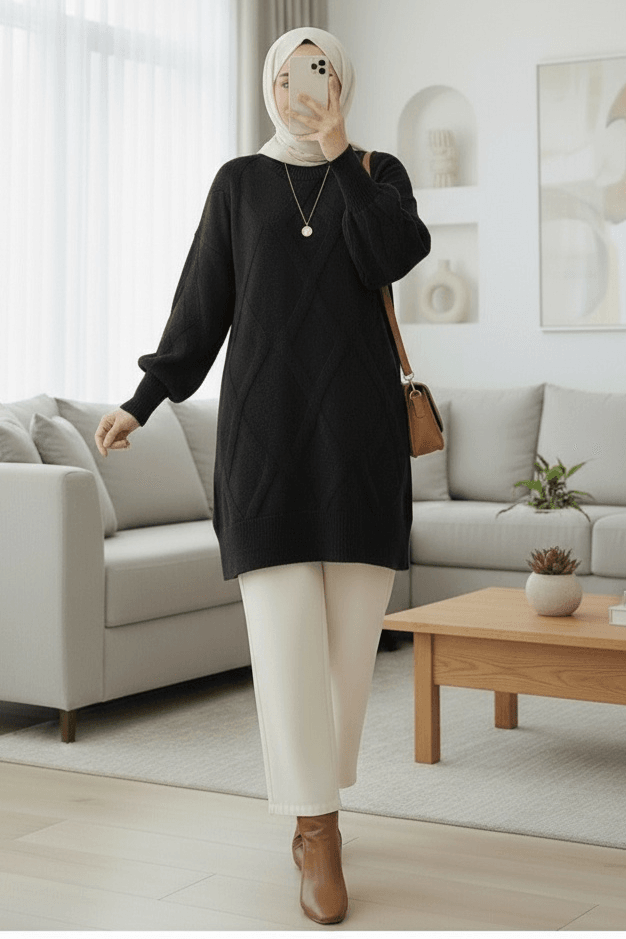 Black Diamond Pattern Soft Knit Tunic - Podyumplus - by Peralane
