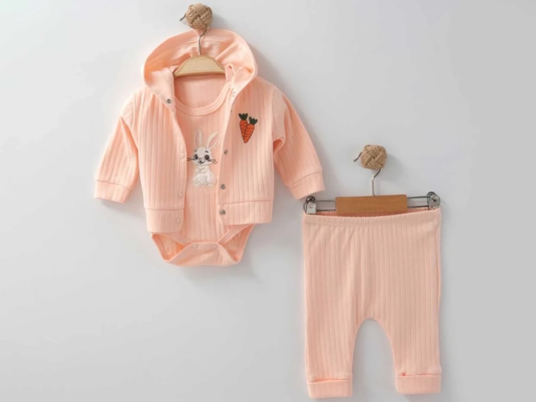 Girls' 3-Piece Baby Set with Bunny Embroidery - Peach - Nayinom - by Peralane