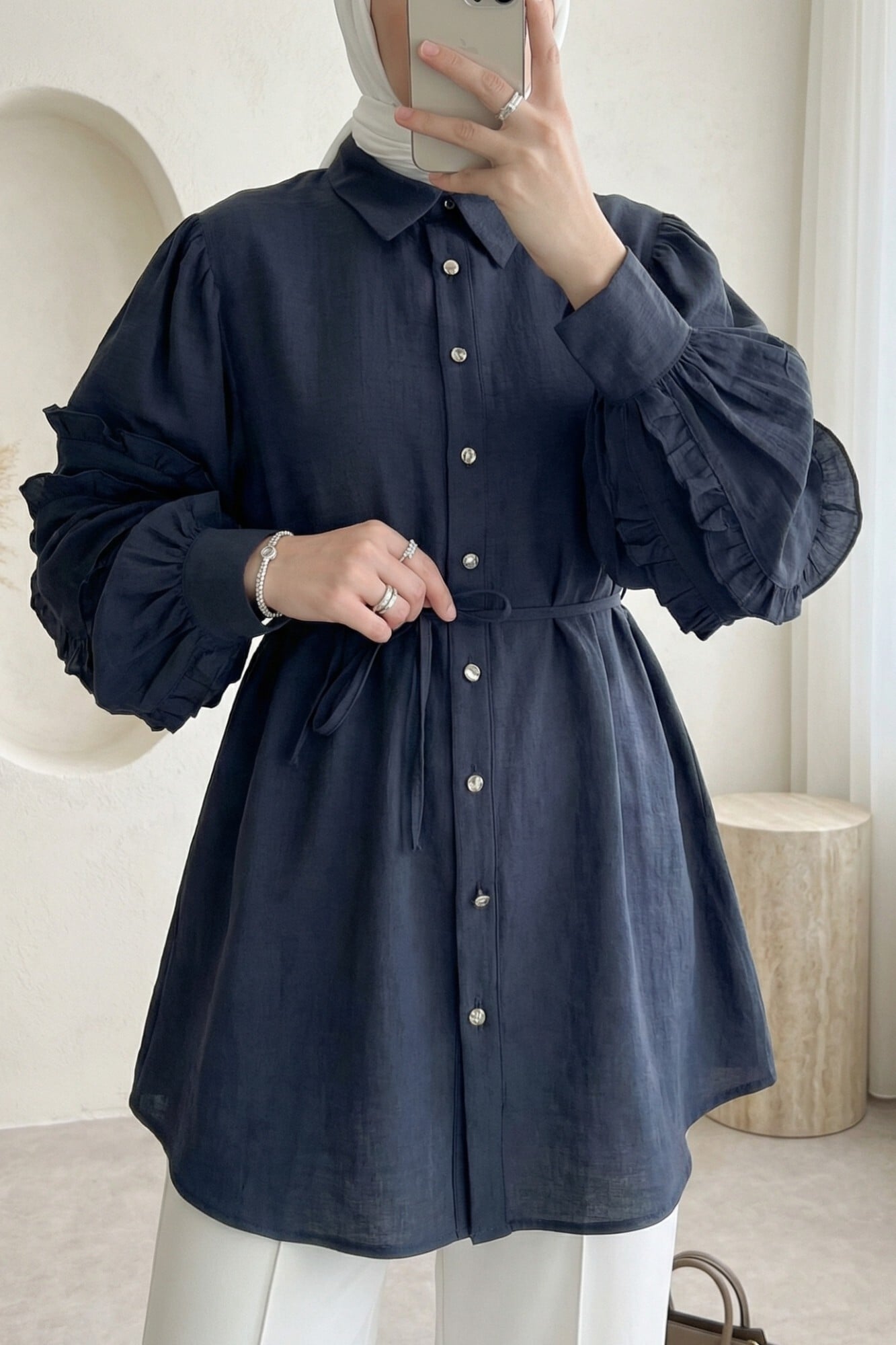 Women's Navy Blue Ruffle Sleeve Blouse with Stone Buttons and Tie Front - Podyumplus - by Peralane - photo 2