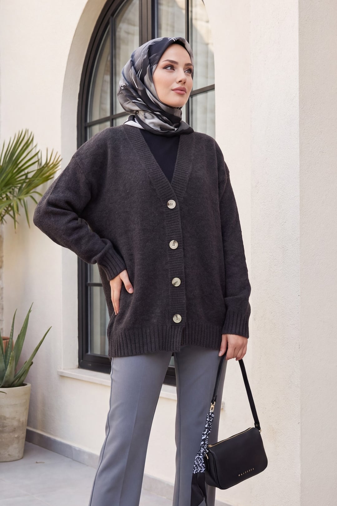 V-Neck Button-Front Loose Knit Cardigan - Anthracite - Podyumplus - by Peralane - photo 2