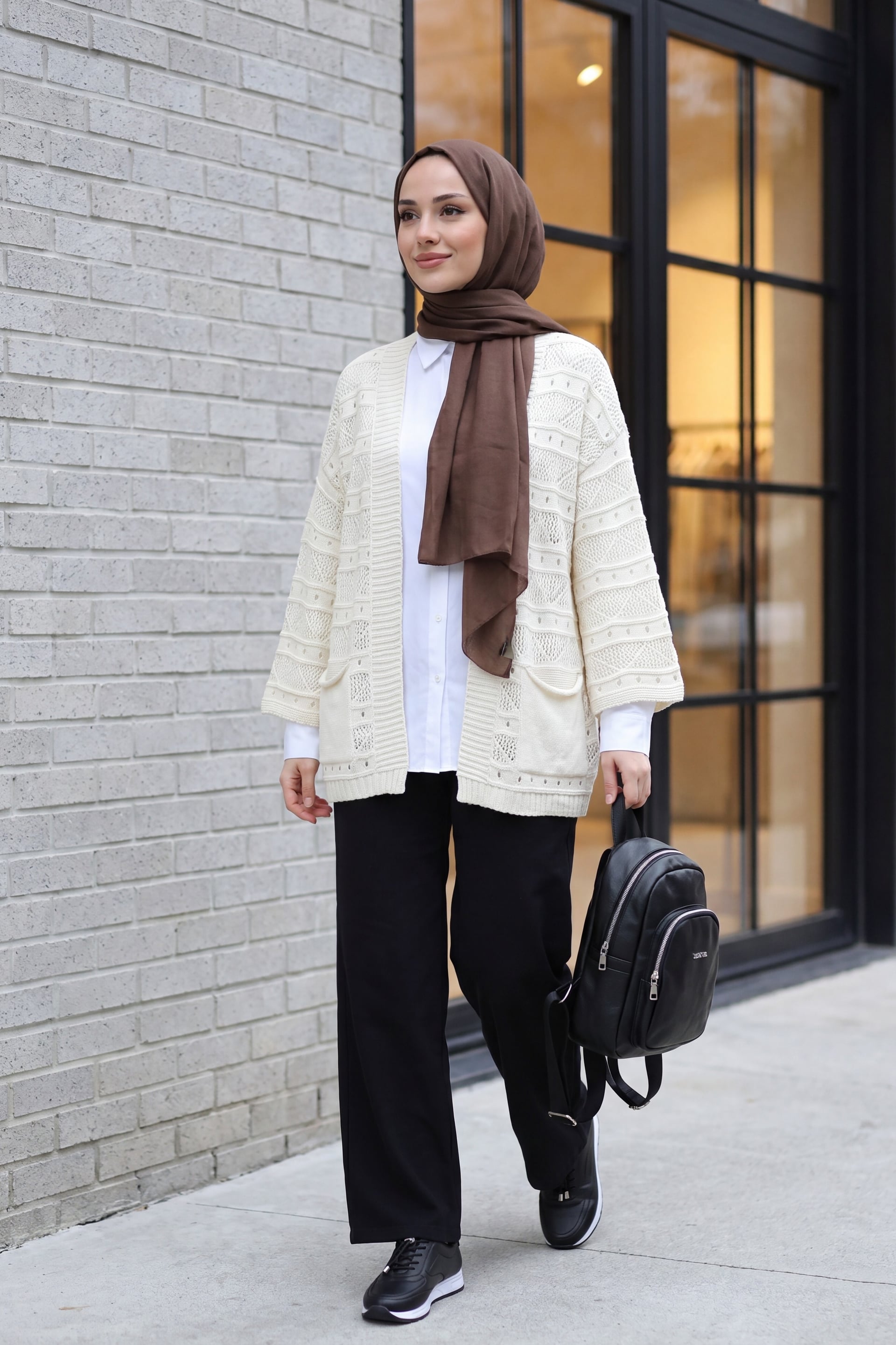Cream Textured Open-Front Cardigan with Pockets - Podyumplus - by Peralane
