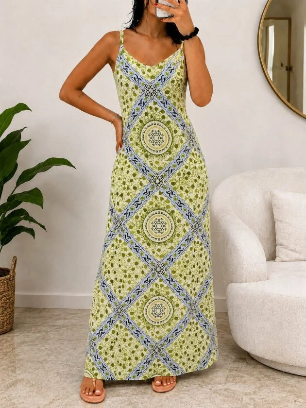 Women's Spaghetti Strap V-Neck Printed Maxi Dress - Janes - by Peralane - photo 2