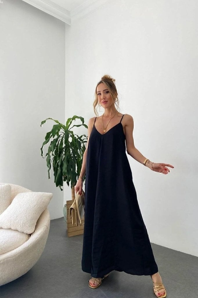 Women's Black Spaghetti Strap V-Neck Maxi Dress - Janes - by Peralane - photo 2