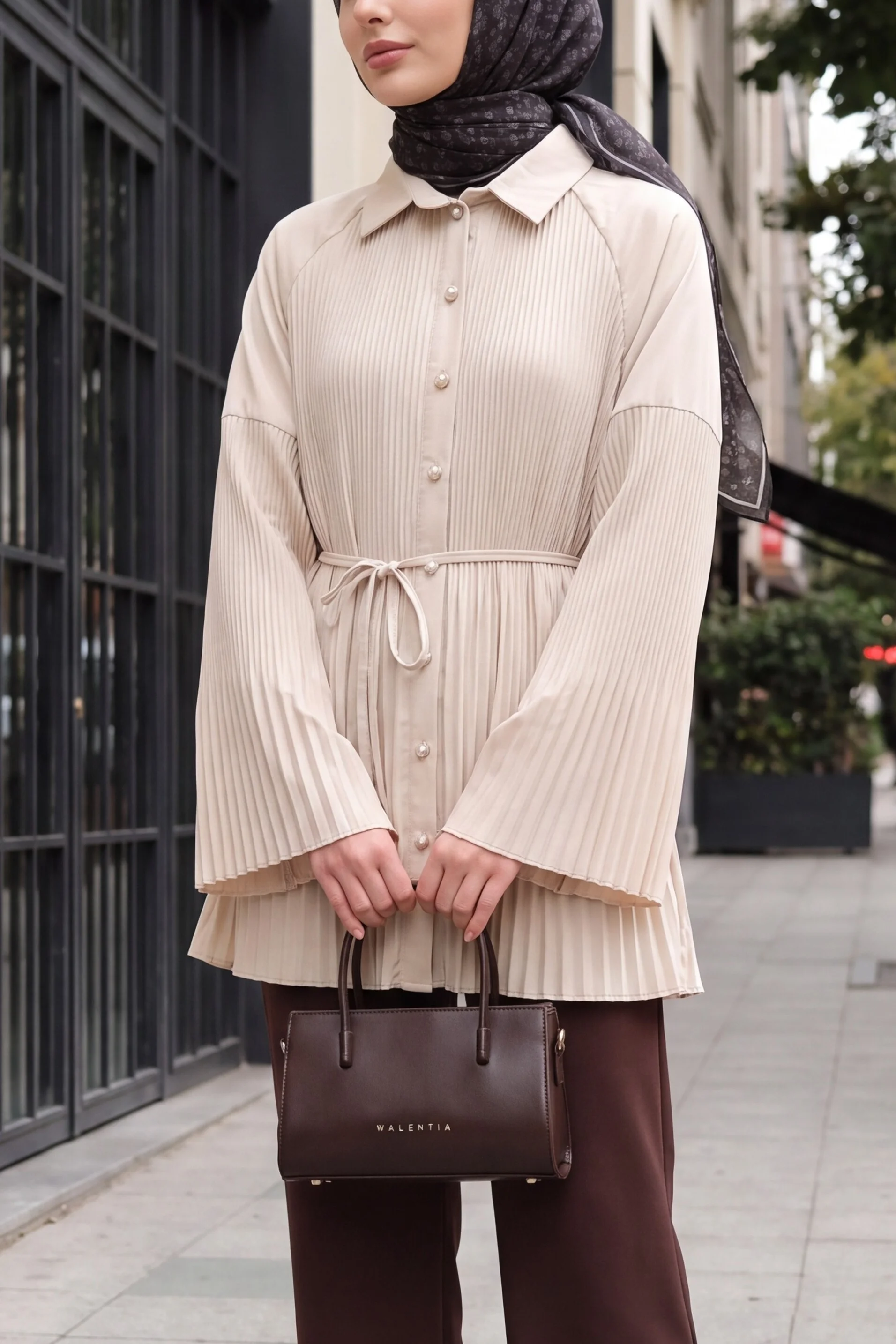 Belted Pleated Poplin Tunic with Stone Buttons - Beige - Podyumplus - by Peralane