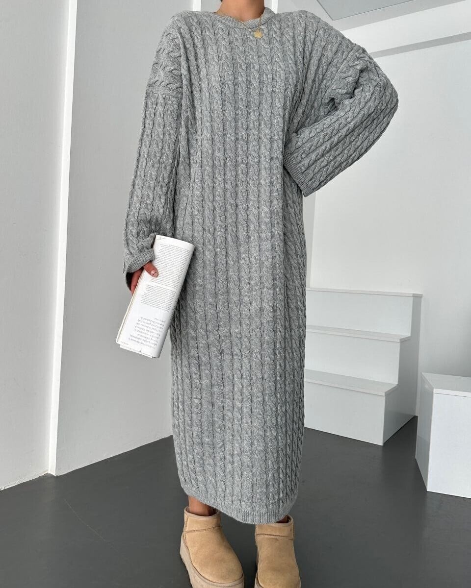 Grey Cable-Knit Dress with High Neck and Balloon Sleeves - Podyumplus - by Peralane - photo 4