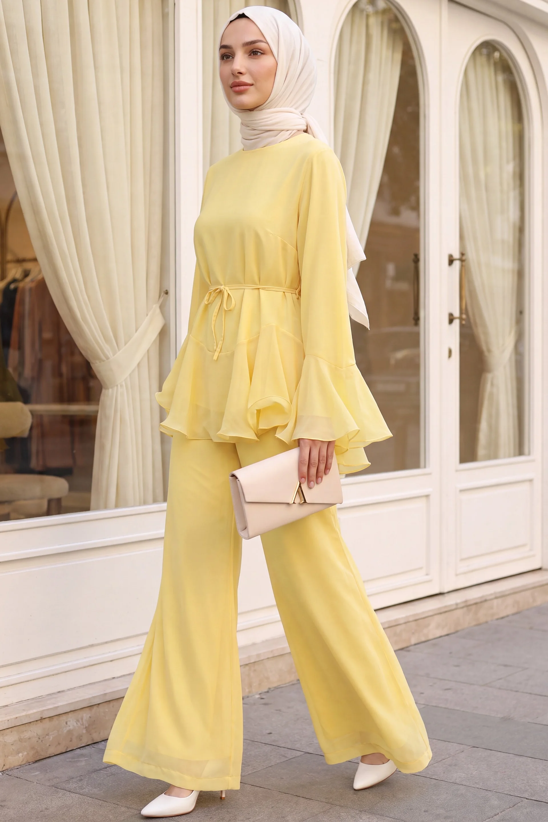 Yellow Chiffon Tunic and Trousers Set with Ruffled Details - Podyumplus - by Peralane - photo 3