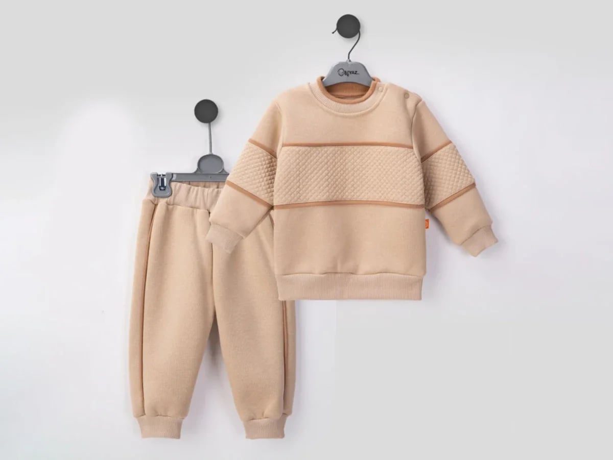 Beige Quilted Panel Baby Boy Sweatshirt and Trousers Set - Beyaz Bebek - by Peralane