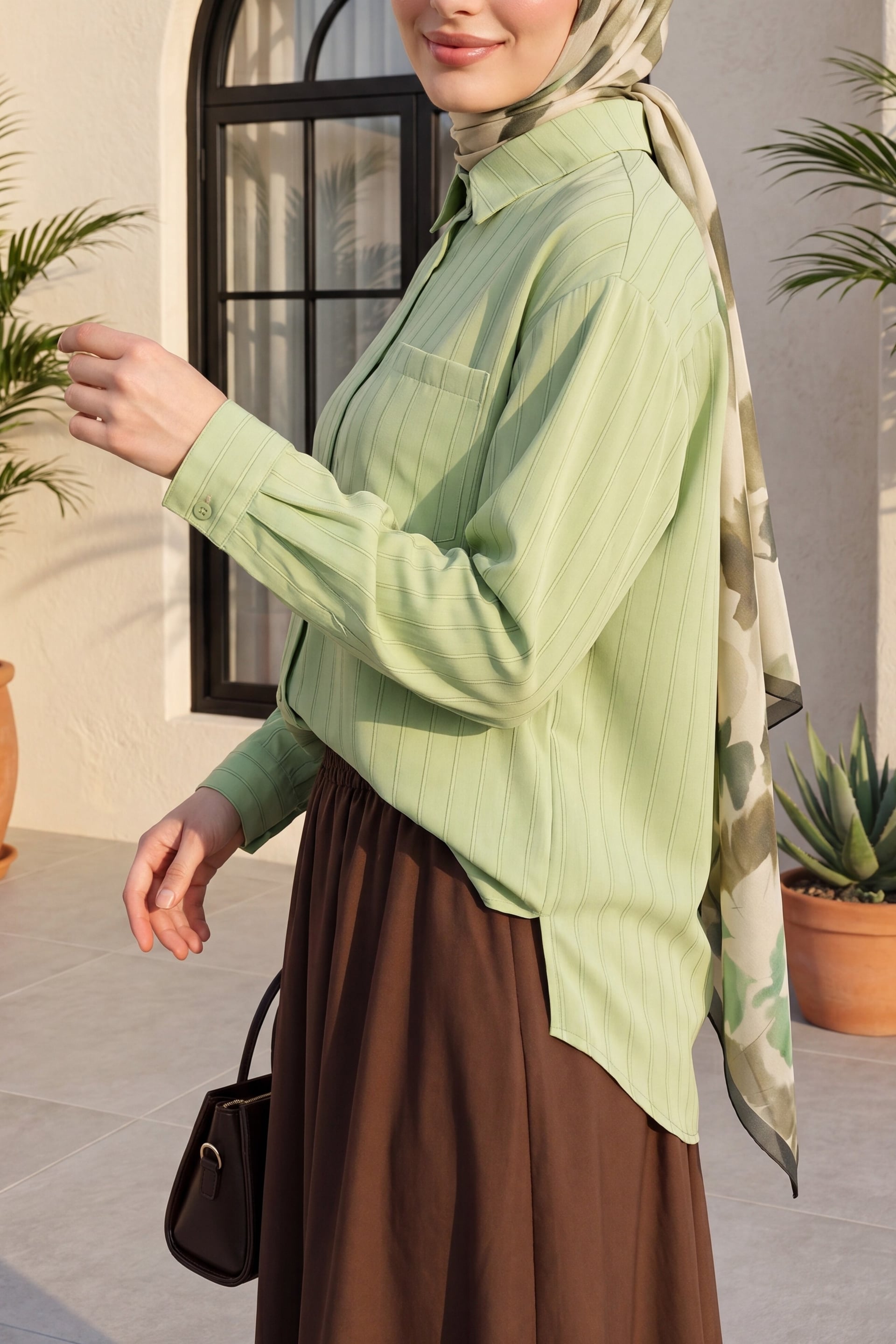 Light Green Striped Blouse and Dark Brown Skirt Two-Piece Set - Podyumplus - by Peralane - photo 2