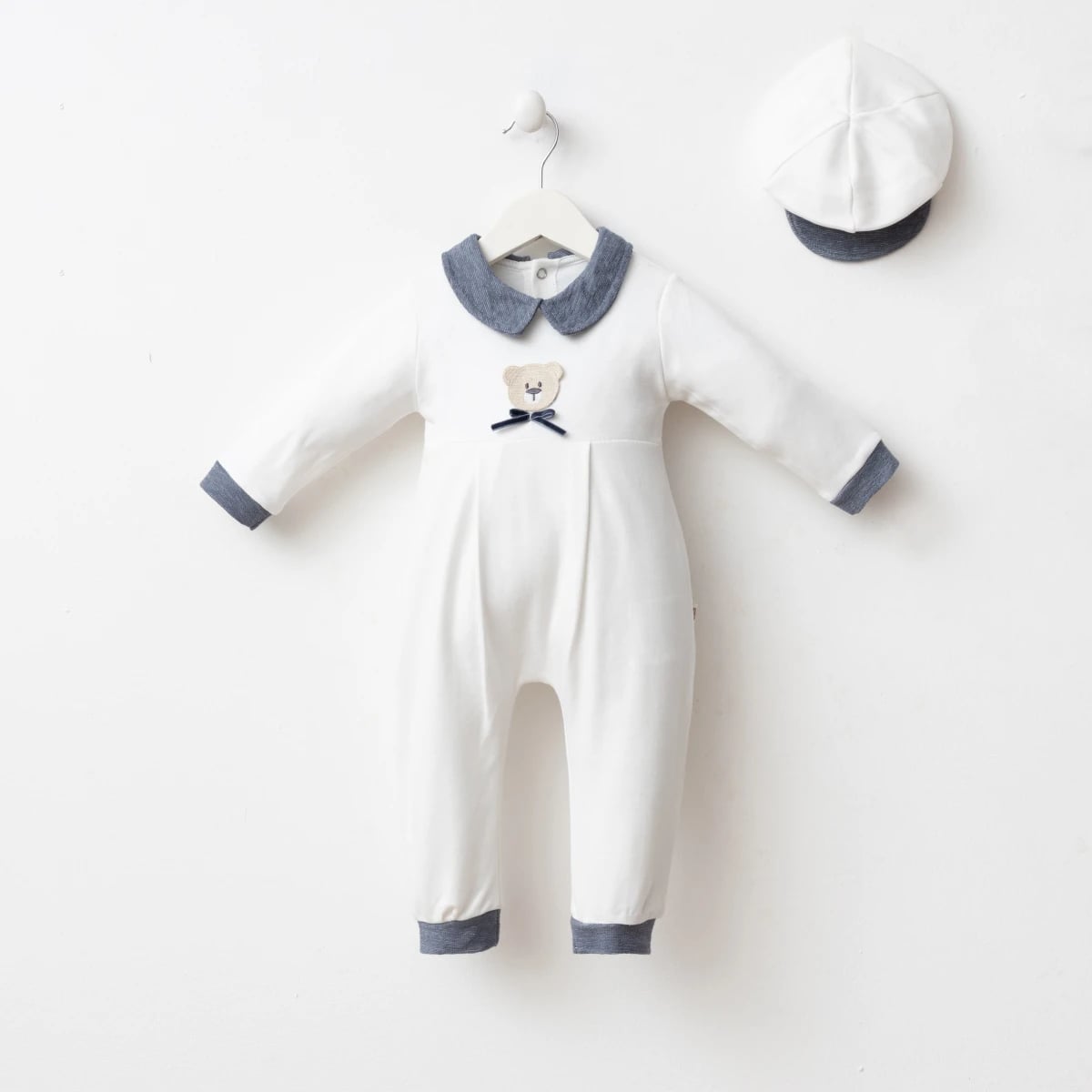 Peter Pan Collar Romper and Hat Set - Navy Trim (3-6-9 Months) - Minizeyn - by Peralane