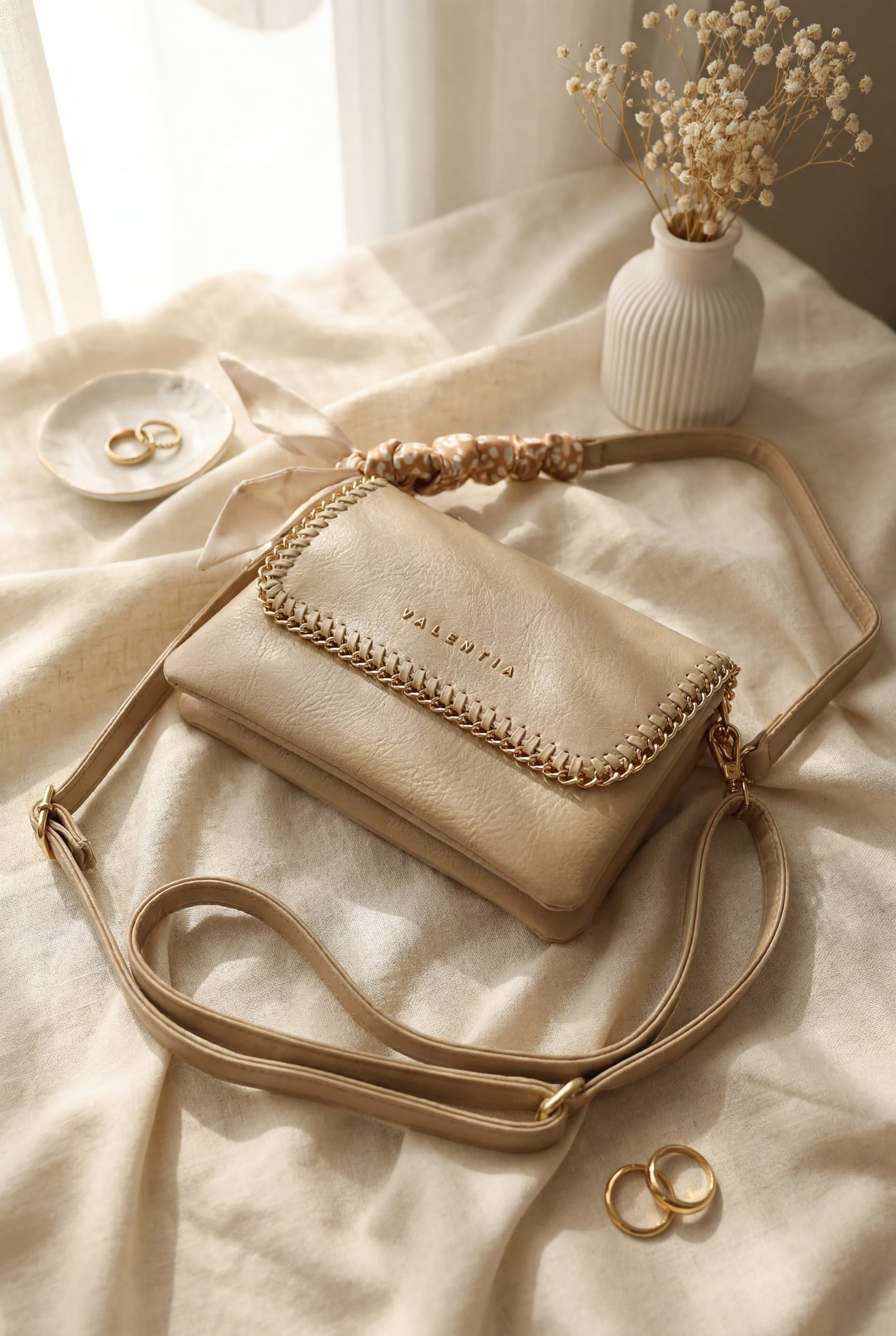Chain-Trimmed Flap Crossbody Bag with Scarf Detail - Mink - Podyumplus - by Peralane
