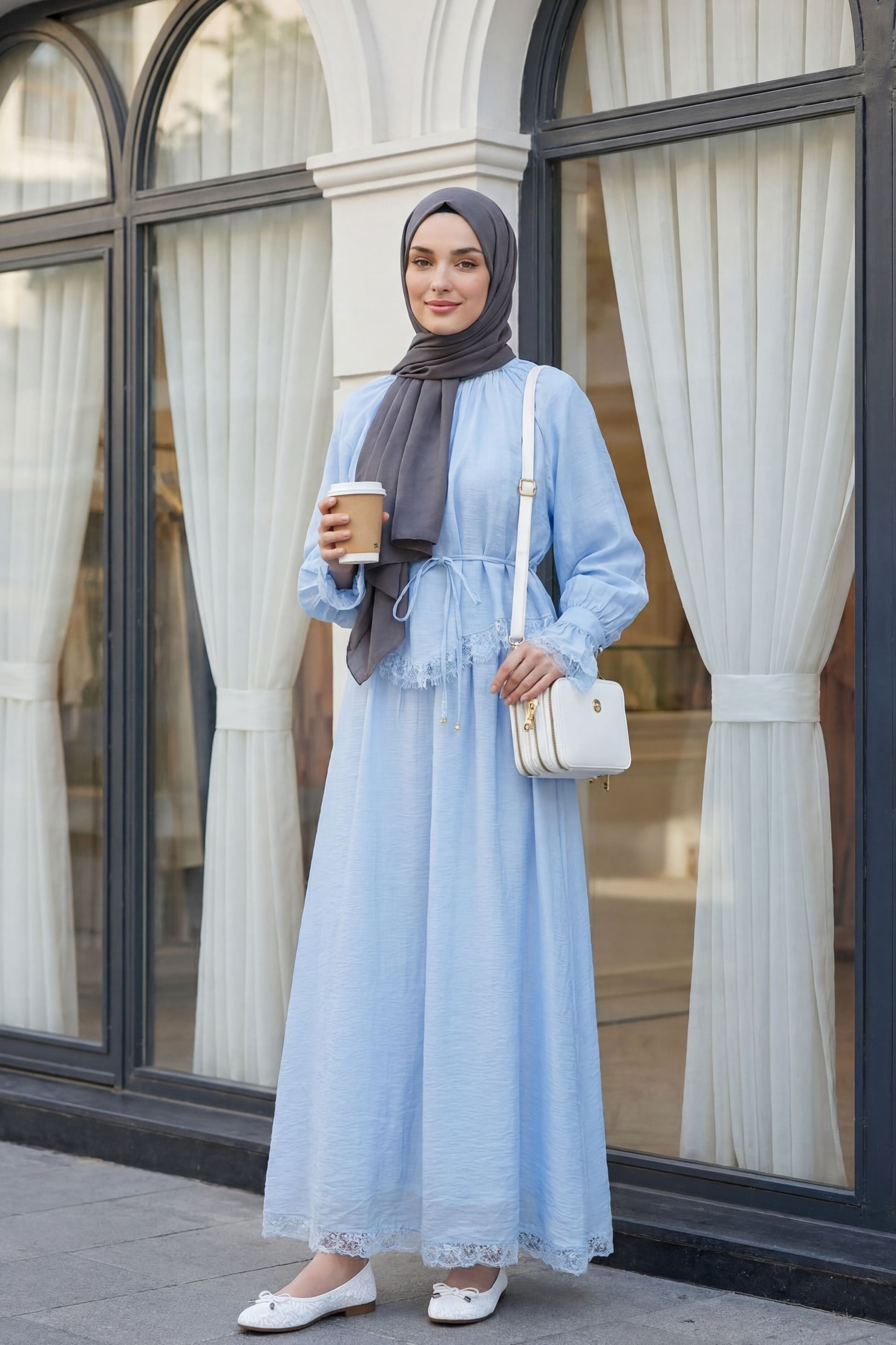 Lace Trim Belted Lined Flam Tulle Set - Baby Blue - Podyumplus - by Peralane - photo 4