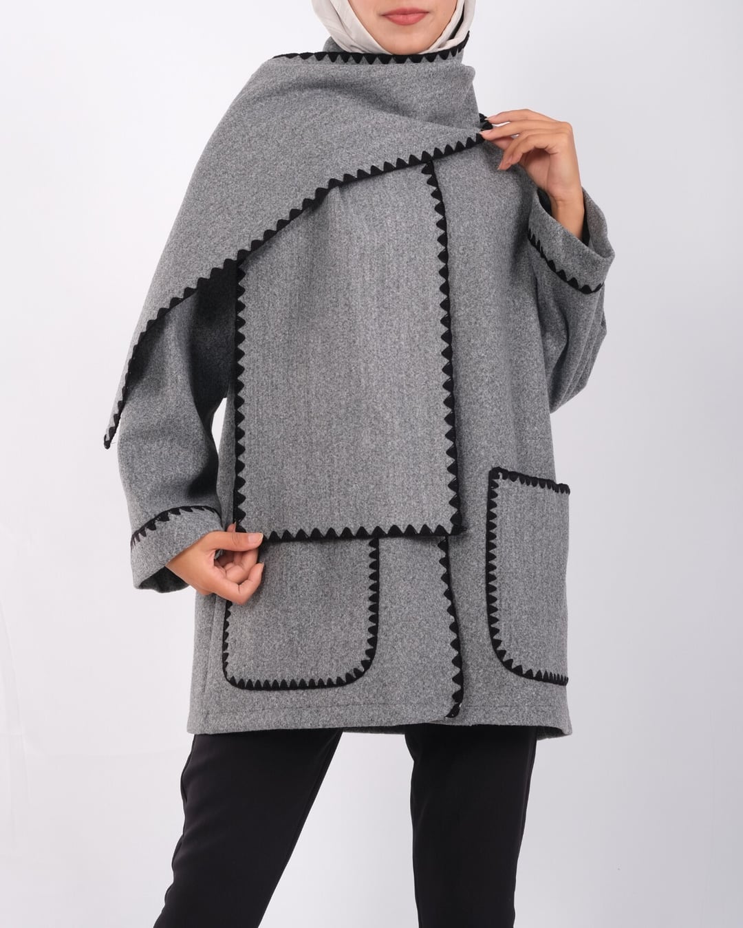 Grey Button-Front Jacket with Attached Scarf and Pockets - Podyumplus - by Peralane - photo 2