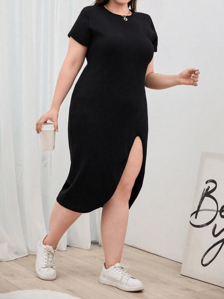 Women's Plus Size Short Sleeve Side Slit Crew Neck Viscose Dress - Janes - by Peralane - photo 2