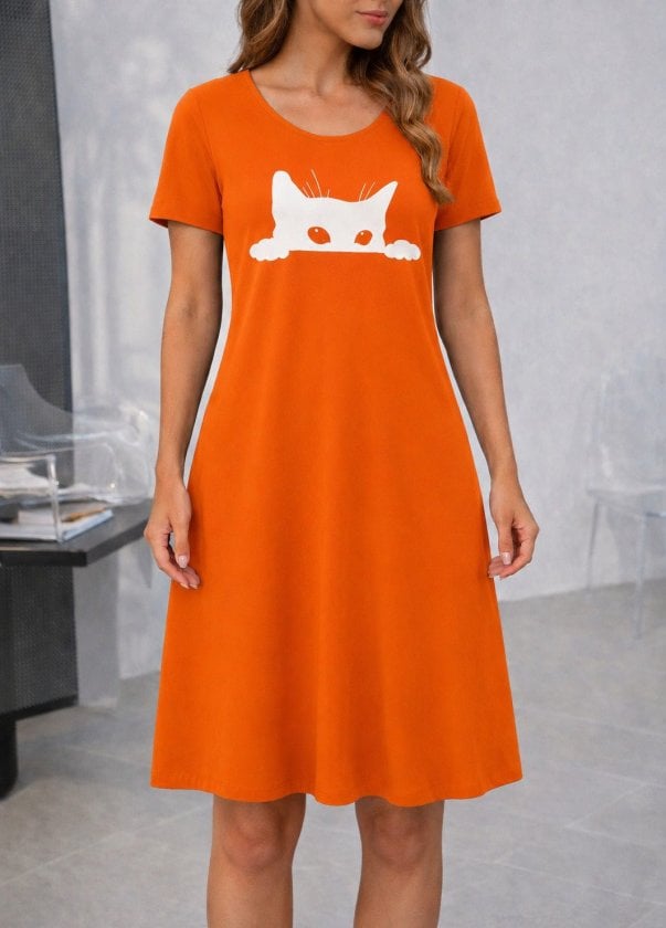 Women's Short-Sleeve Cat Print Jersey Night Dress - Janes - by Peralane