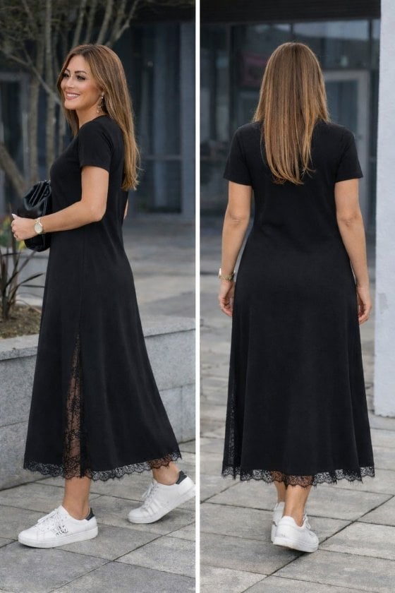 Women's Short Sleeve Round Neck Side Slit Lace Detail Long Viscose Dress - Janes - by Peralane - photo 2