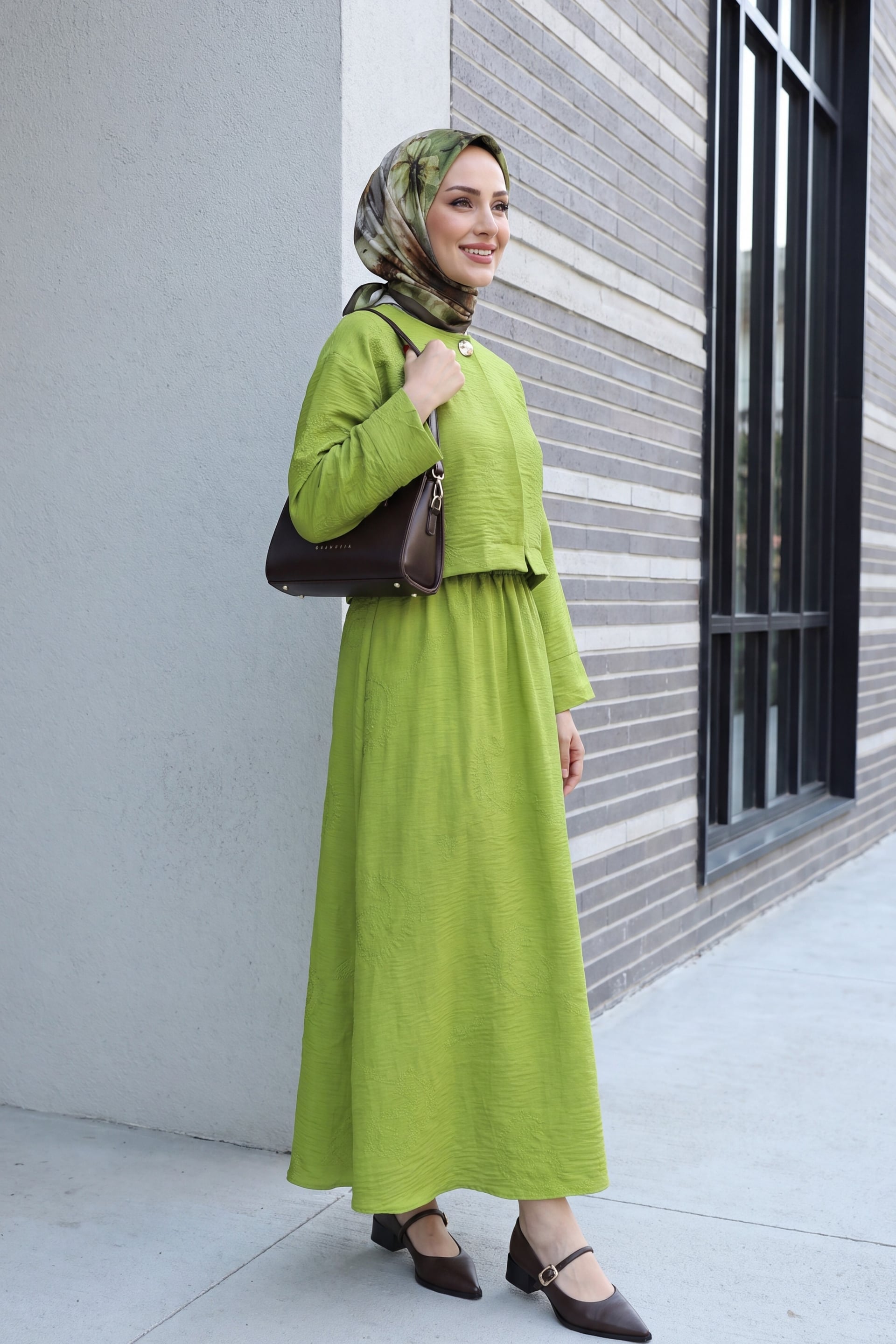 Single Button Embroidered Skirt Set with Linen Look - Pistachio Green - Podyumplus - by Peralane - photo 4