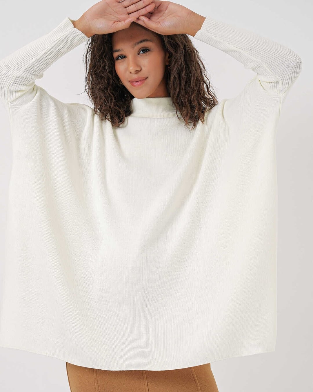 Oversize Pancho Knit Sweater with Side Slits - Cream - Bigdart - by Peralane - photo 4