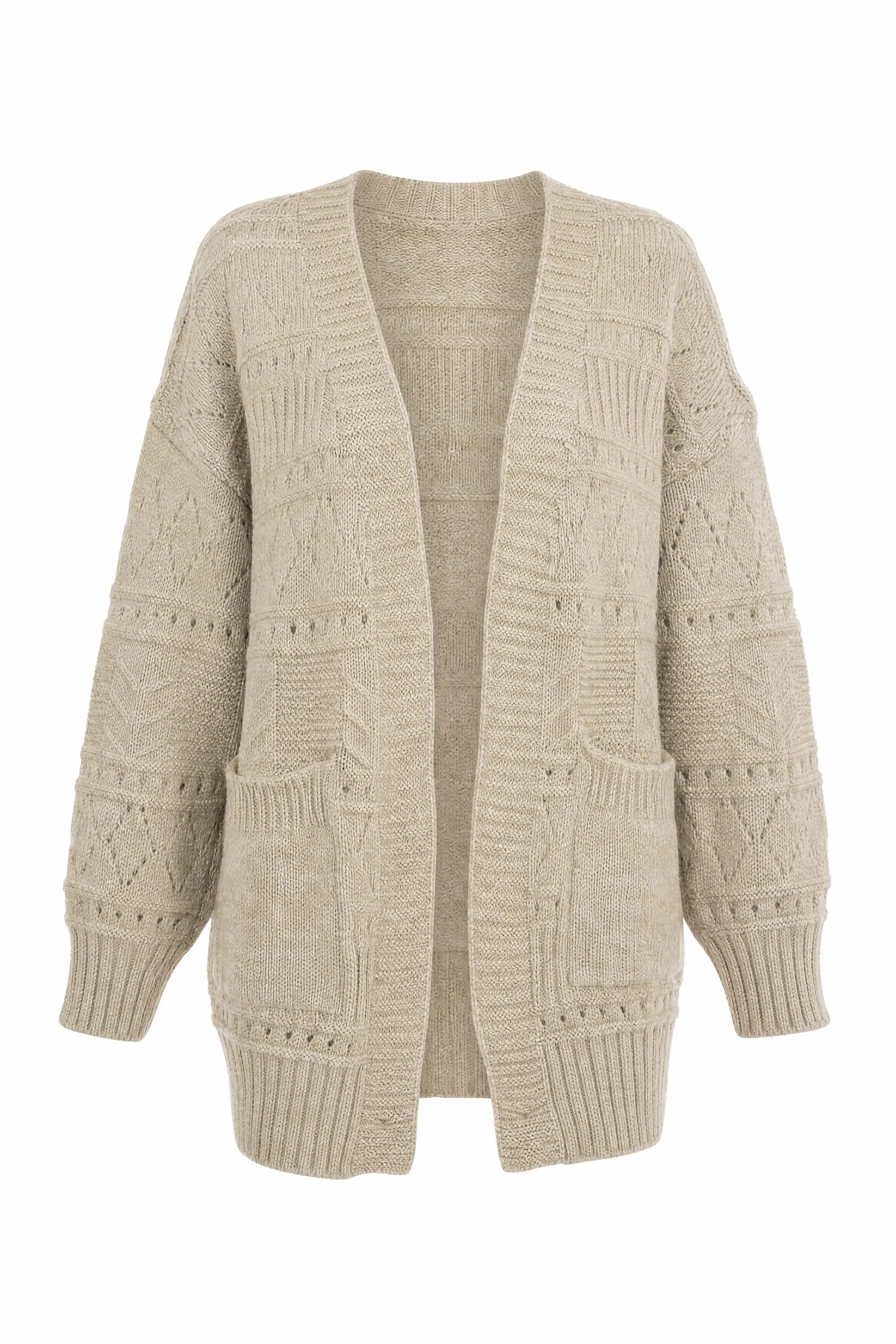 Open-Front Textured Knit Cardigan with Pockets - Light Beige - Podyumplus - by Peralane - photo 5