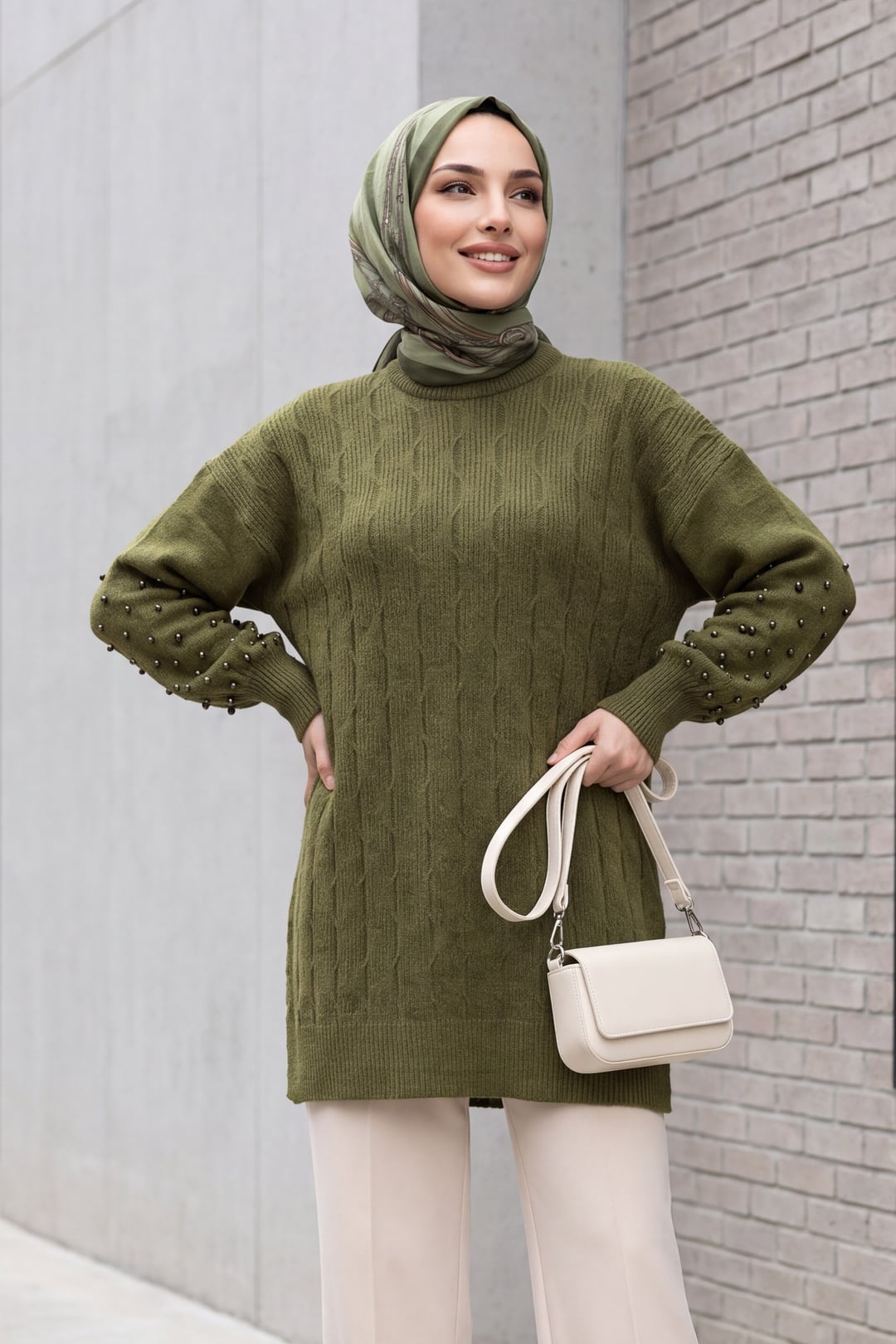 Pearl-Sleeve Patterned Relaxed Knit Tunic - Olive Green - Podyumplus - by Peralane - photo 2