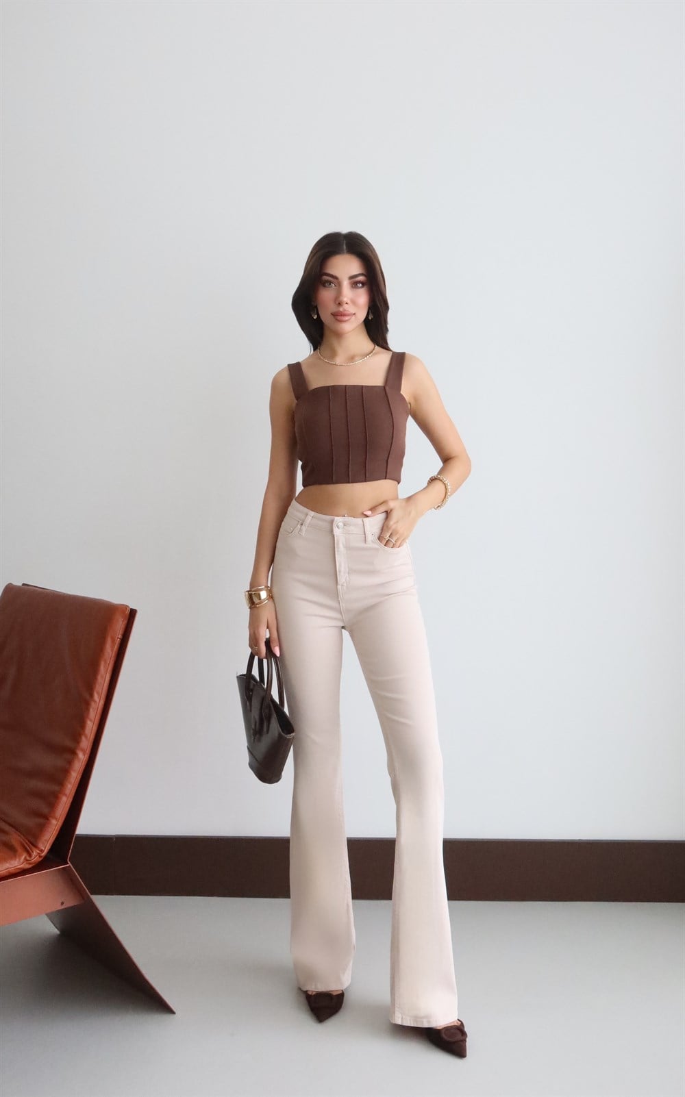 High Waist Half Flare Beige Jean Trousers - Lacarino Jeans - by Peralane - photo 2