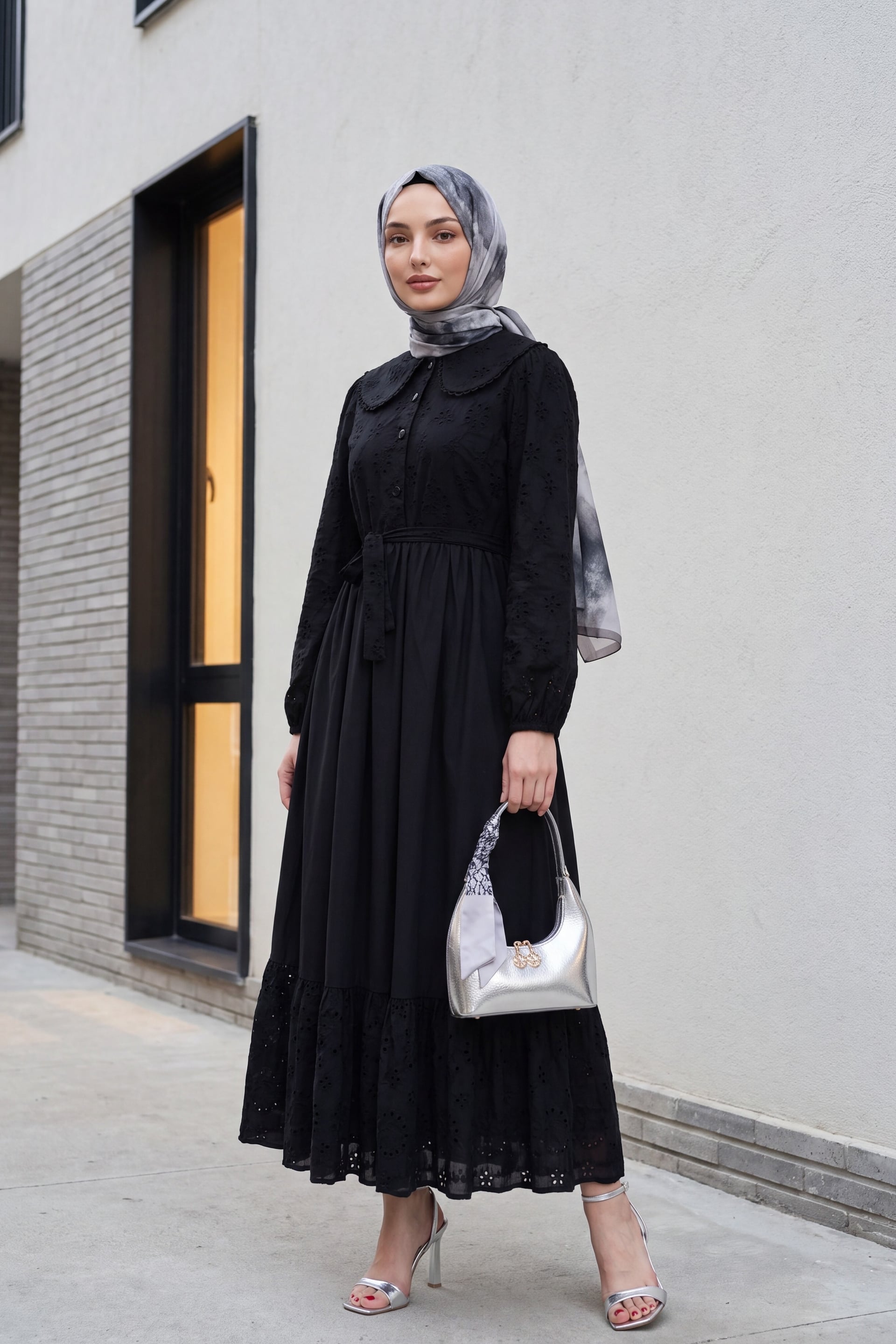 Black Peter Pan Collar Eyelet Maxi Dress - Podyumplus - by Peralane - photo 2