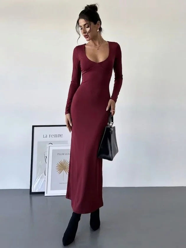 Women's Long Sleeve Deep Neck Tie Waist Midi Dress - Janes - by Peralane