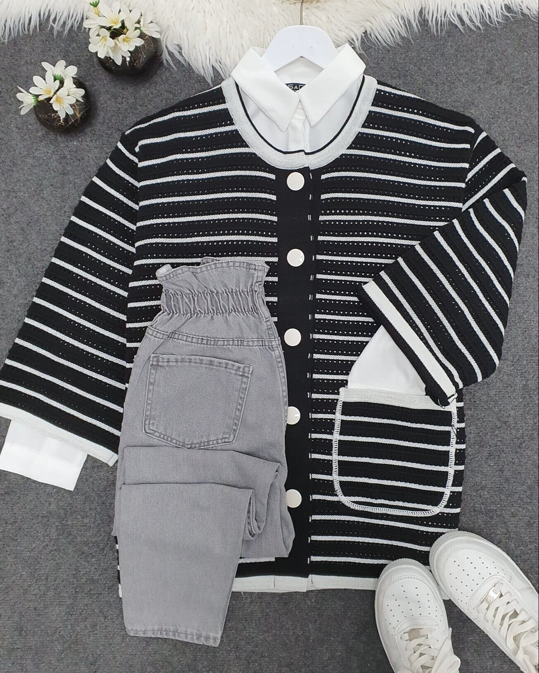 Black and White Striped Cardigan with White Collar and Buttons for Women - Podyumplus - by Peralane - photo 2