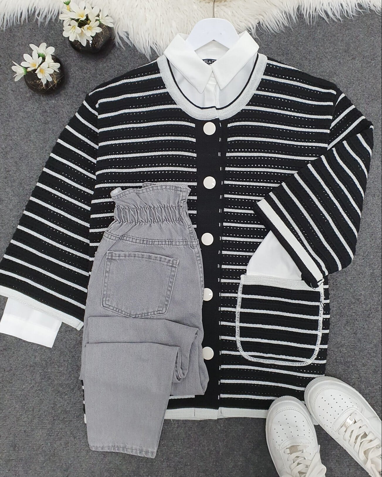 Black and White Striped Cardigan with White Collar and Buttons for Women - Podyumplus - by Peralane - photo 2