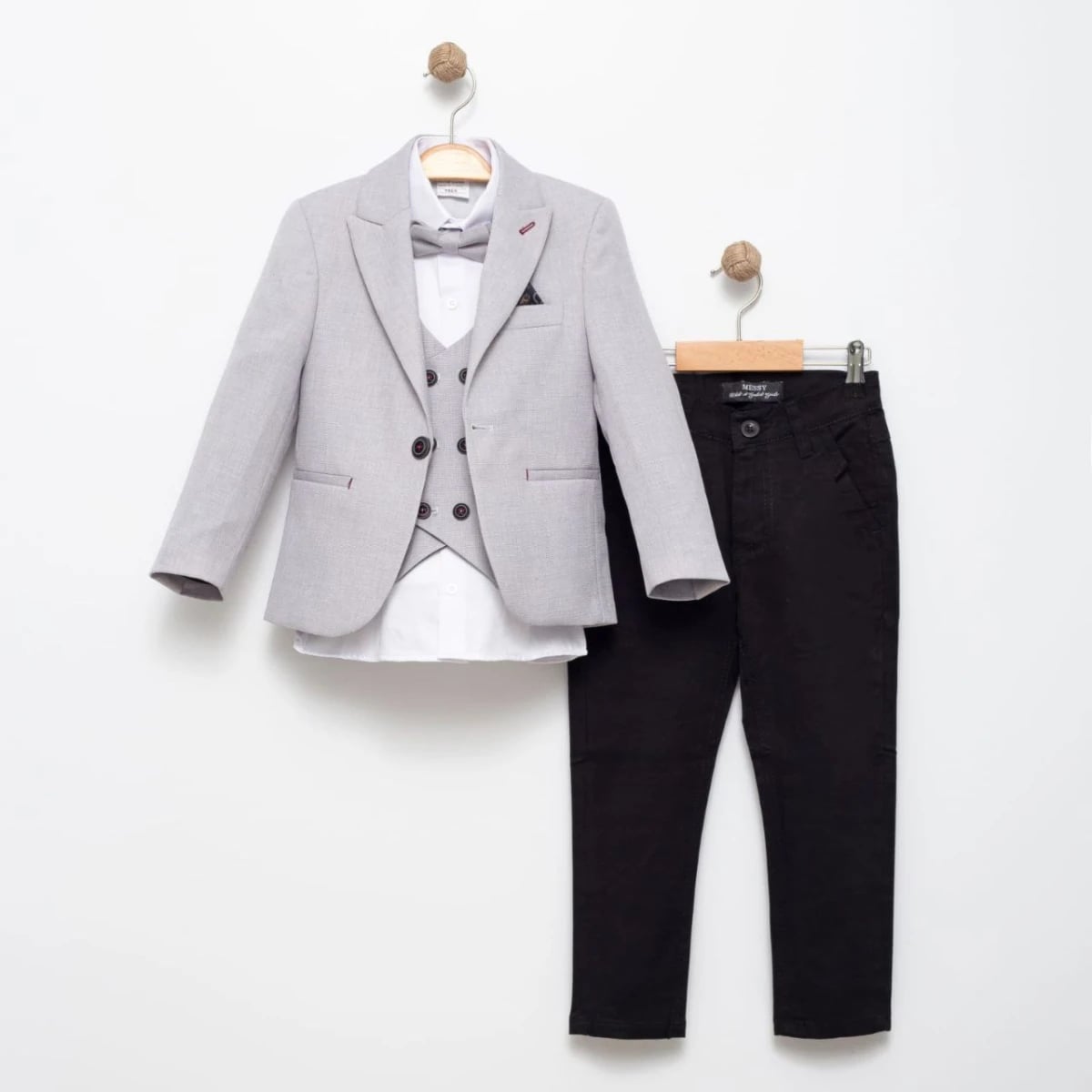 Boys' Grey Fabric Suit with Jacket and Vest - 5 Piece Set - Terry - by Peralane