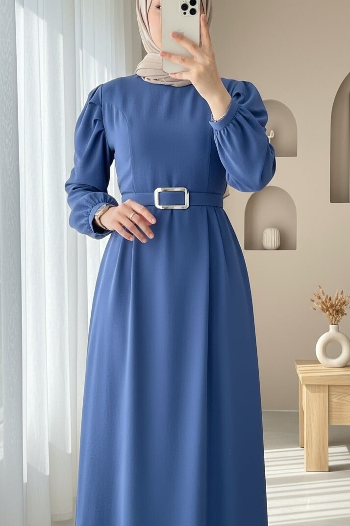 Indigo Modest Dress with Belt and Gathered Cuffs - Podyumplus - by Peralane - photo 2