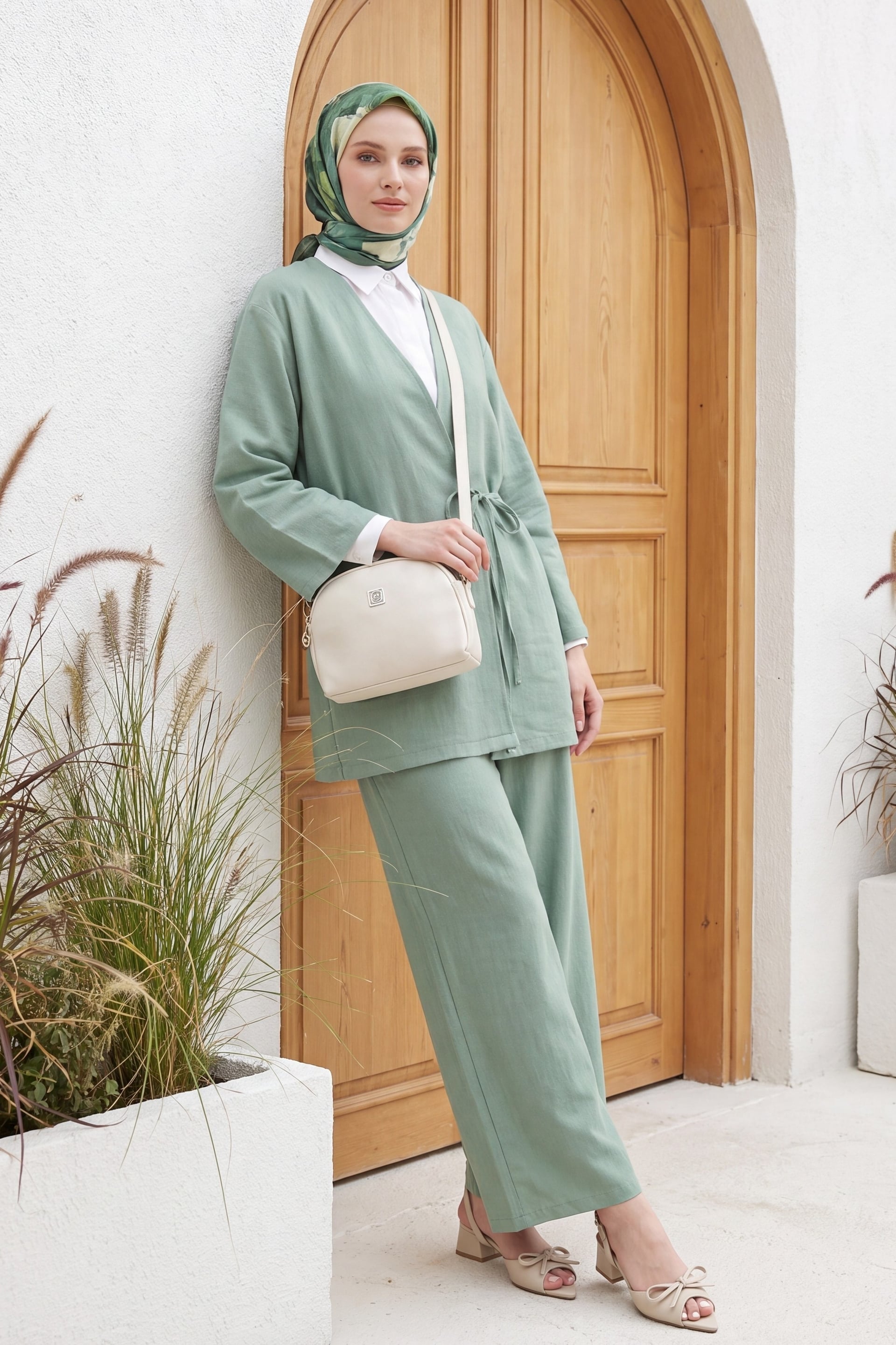 Tie-Front Wide-Leg Kimono Set with Trousers - Sage Green - Podyumplus - by Peralane - photo 2