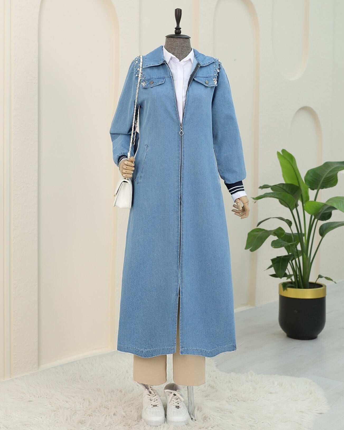 Longline Zip-Up Denim Jacket with Pearl Shoulder Detail - Light Blue - Podyumplus - by Peralane - photo 6