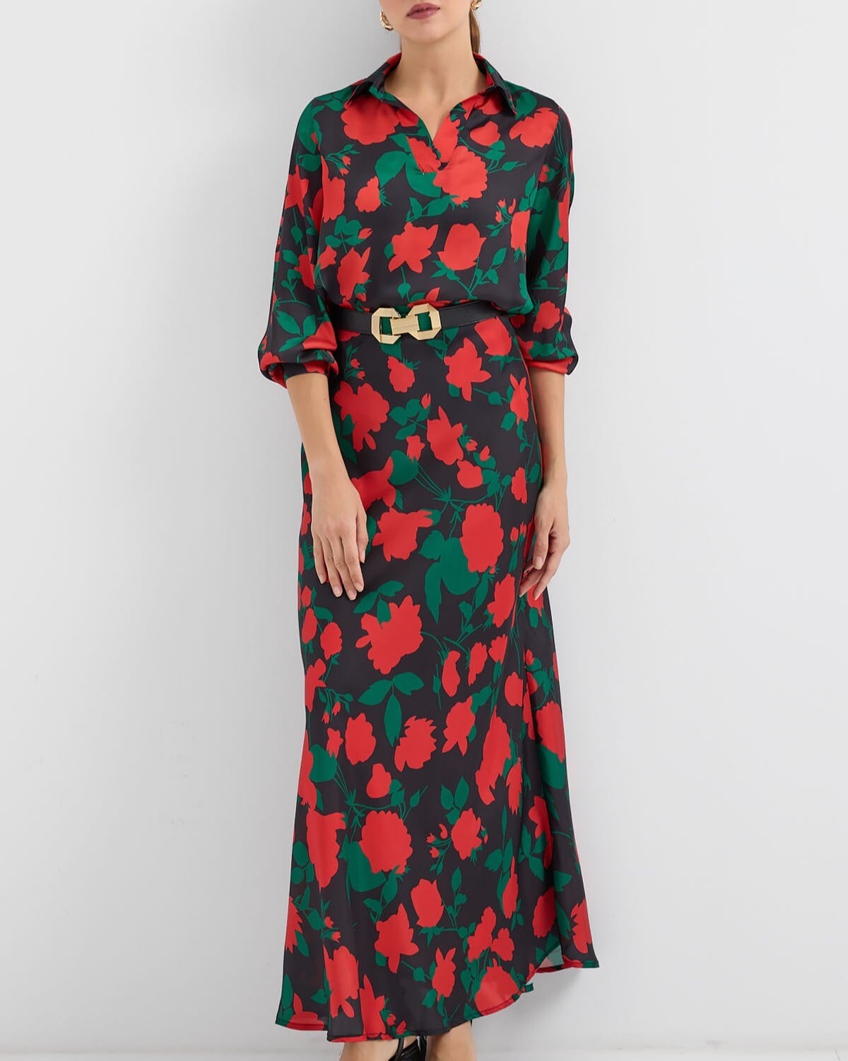 Women's Black and Red Floral Satin Two-Piece Set with Blouse and Skirt - Bigdart - by Peralane - photo 5