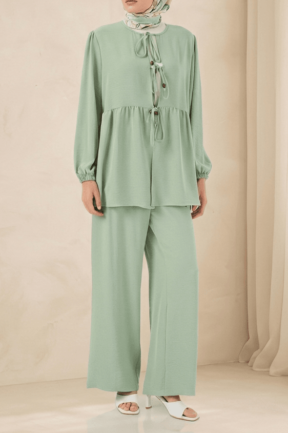 Women's Front Lace-Up Tunic and Wide-Leg Trouser Two-Piece Set in Mint - Bigdart - by Peralane