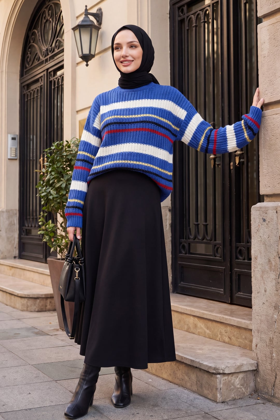 Striped Thick Knit Sweater with Crew Neck - Blue - Podyumplus - by Peralane - photo 3