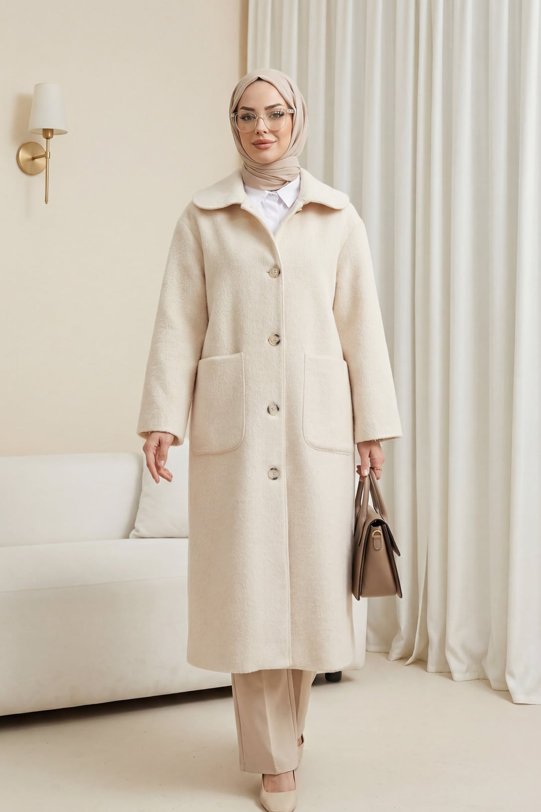 Long Buttoned Pocketed Coat - Beige - Podyumplus - by Peralane