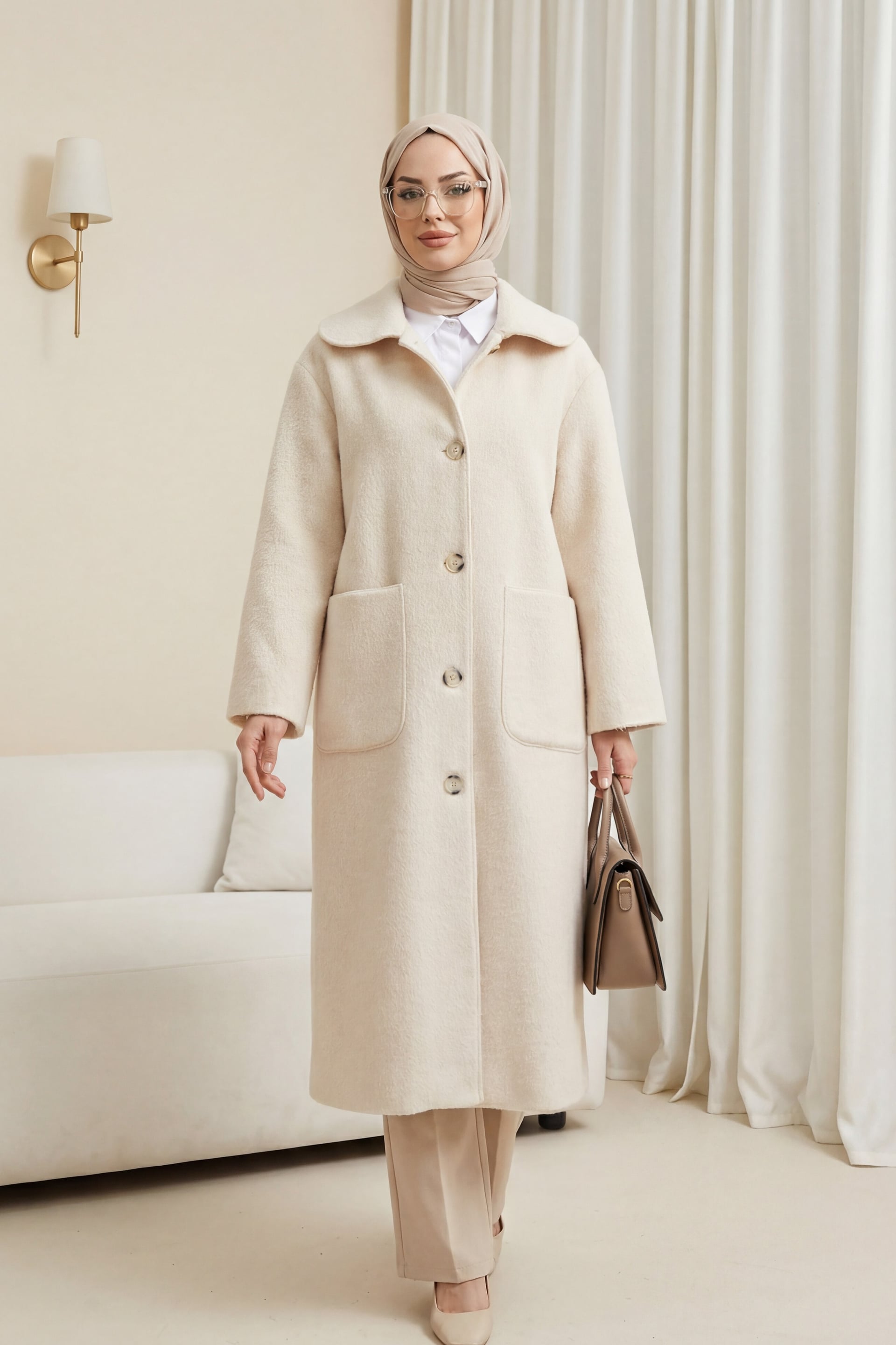 Long Buttoned Pocketed Coat - Beige - Podyumplus - by Peralane
