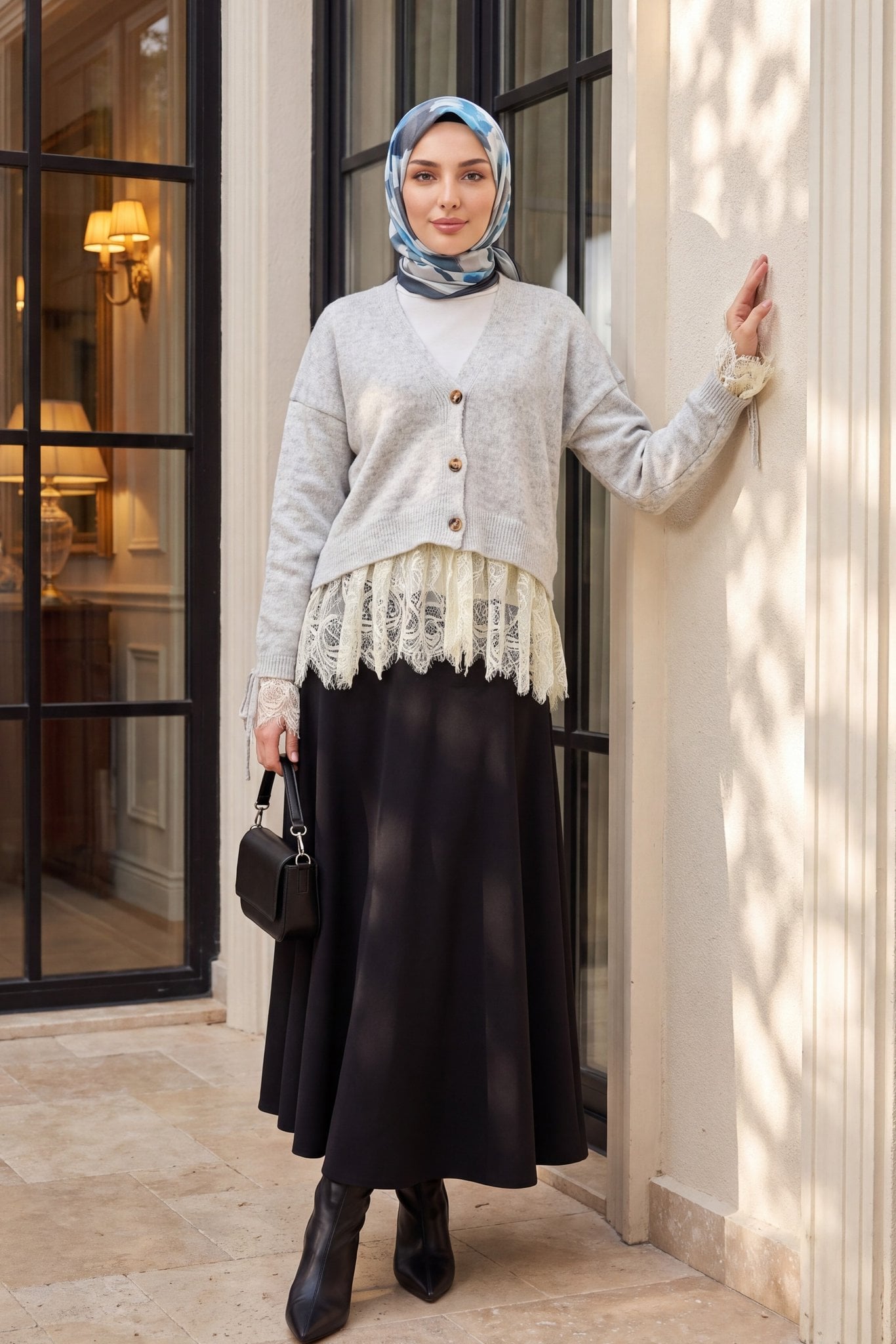 Light Grey Knit Cardigan with Lace Trim and Tied Cuffs - Podyumplus - by Peralane - photo 4