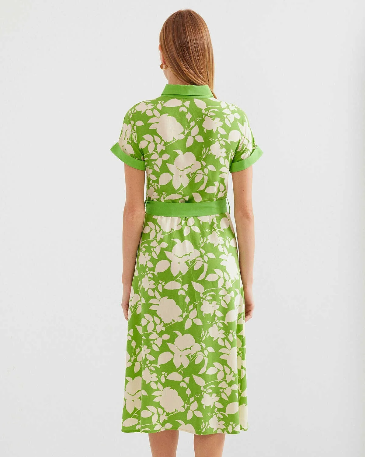 Green Floral Print Collared Midi Shirt Dress with Belt - Bigdart - by Peralane - photo 4
