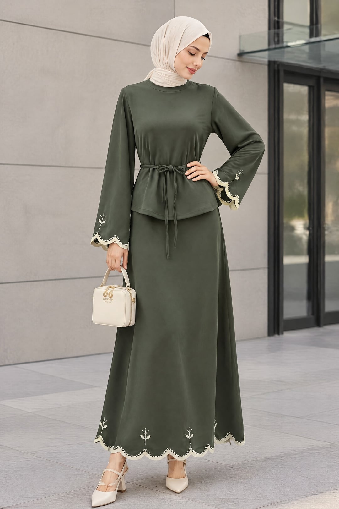 Embroidered Two-Piece Modest Set with Tie Belt - Olive Green - Podyumplus - by Peralane - photo 4