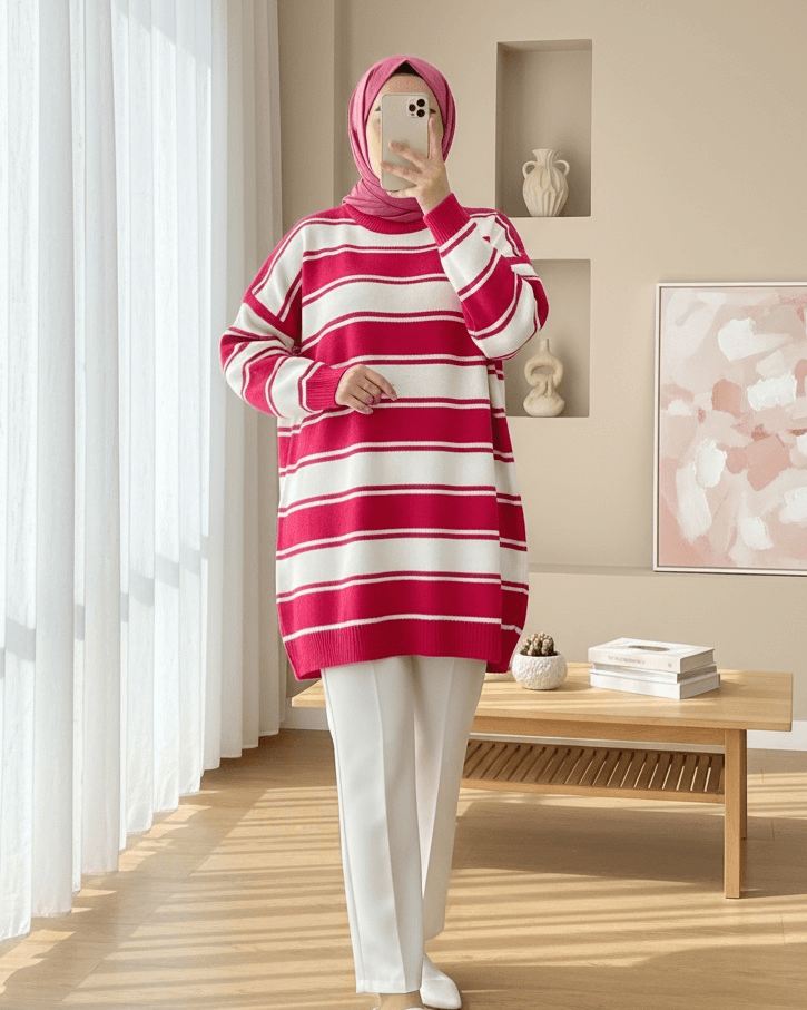 Thick Striped Loose Knit Tunic - Ecru - Podyumplus - by Peralane - photo 2