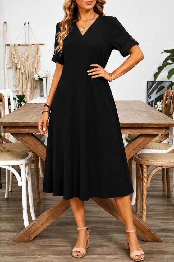 Women's V-Neck Short-Sleeve Midi Dress in Black - Janes - by Peralane - photo 3