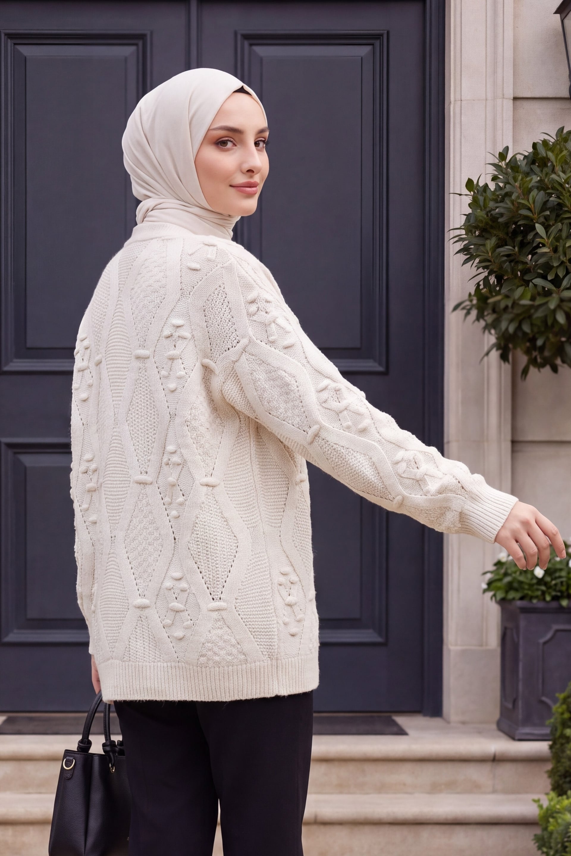 Pom-Pom Detail Hip-Length Knit Cardigan - Stone - Podyumplus - by Peralane - photo 4