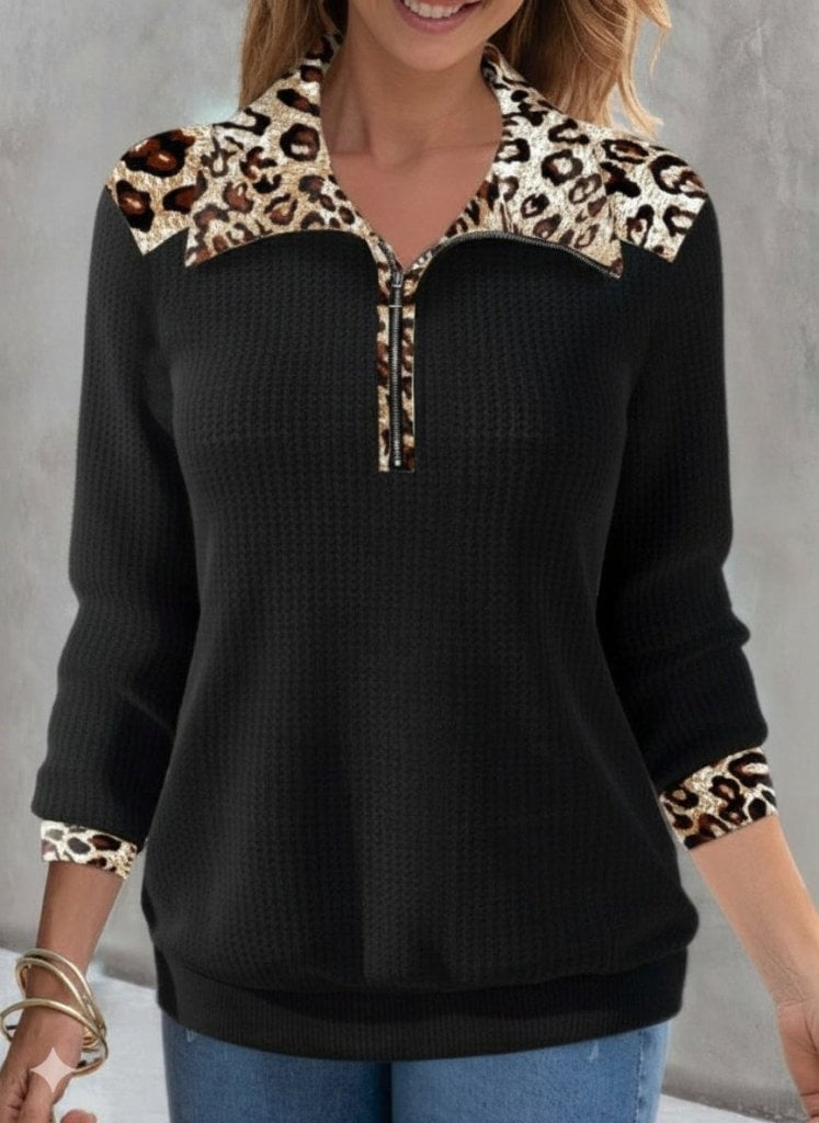 Women's Long Sleeve Leopard Collar Zip Waffle Blouse - Janes - by Peralane - photo 3